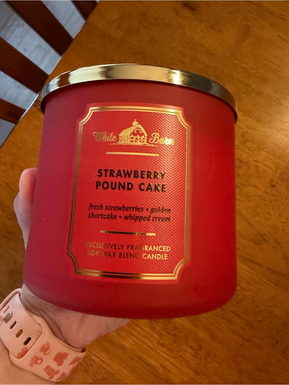 White Barn Strawberry Pound Cake Red Glass 3 wick 14.5 oz Candle